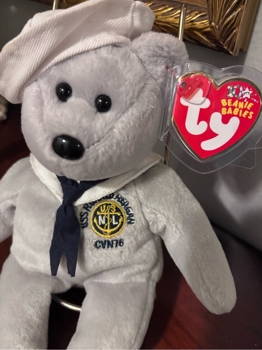 Ty ❤️ Gray Sailor USS Ronald Reagan Bear Plush with Navy Scarf and White Hat